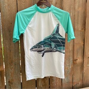 OLD NAVY Boys Teal White Shark Rash Guard Swim Top Size 14-16